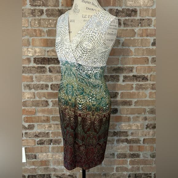 Calvin Klein green brown ombré reptile print batik style stretch dress small - Picture 2 of 11